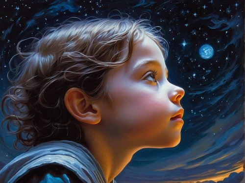 mystical portrait of a girl,astronomer,oil painting on canvas,child portrait,oil painting,world digital painting,starry sky,starry night,little girl in wind,children's background,astronomy,art painting,constellation,fantasy portrait,the night sky,night stars,digital painting,starry,the little girl,space art,Illustration,Realistic Fantasy,Realistic Fantasy 03