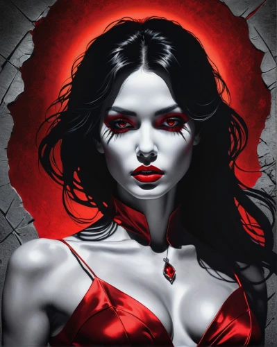 vampire woman,scarlet witch,vampire lady,queen of hearts,blood icon,red,fire red eyes,red rose,red lantern,vampire,crimson,evil woman,deadly nightshade,bloody mary,bleeding heart,lady in red,vampira,red skin,red roses,red riding hood,Illustration,Realistic Fantasy,Realistic Fantasy 45