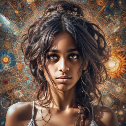 mystical portrait of a girl,indian girl,girl portrait,fantasy portrait,indian girl boy,ancient egyptian girl,portrait of a girl,indian woman,ethiopian girl,photoshop manipulation,young woman,psychedelic art,portrait background,boho art,zodiac sign libra,artistic portrait,photo manipulation,kahila garland-lily,african american woman,photomanipulation,Photography,Realistic