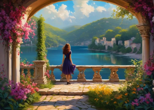 rapunzel,fantasy picture,la violetta,fantasy landscape,landscape background,purple landscape,world digital painting,idyllic,idyll,fantasia,romantic scene,beauty scene,summer evening,girl in flowers,merida,fantasy art,portofino,scenery,way of the roses,springtime background,Illustration,Vector,Vector 14