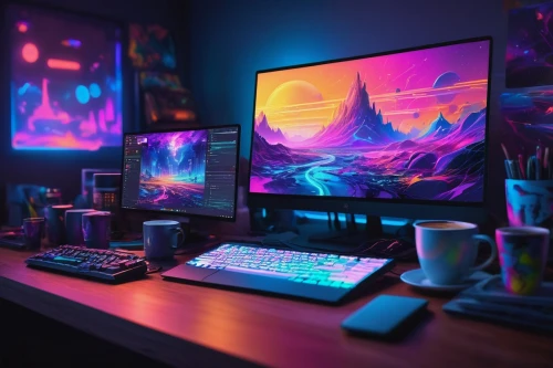 desk,desk top,blur office background,purple wallpaper,monitor wall,setup,working space,computer desk,colorful background,workspace,work space,3d background,desktop,monitors,apple desk,work desk,desktop view,computer workstation,office desk,desktop computer,Art,Classical Oil Painting,Classical Oil Painting 15