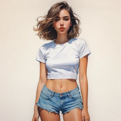 girl in t-shirt,jean shorts,cotton top,crop top,dua lipa,girl on a white background,tshirt,art model,tee,female model,sexy woman,shorts,young woman,isolated t-shirt,teen,in shorts,girl portrait,in a shirt,torn shirt,pretty young woman,Illustration,Paper based,Paper Based 19