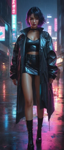 cyberpunk,femme fatale,neon lights,futuristic,walking in the rain,80s,in the rain,neon light,raincoat,rain suit,ebony,purple rain,neo-burlesque,kim,birds of prey-night,streampunk,ultraviolet,rain pants,rockabella,world digital painting,Conceptual Art,Fantasy,Fantasy 03