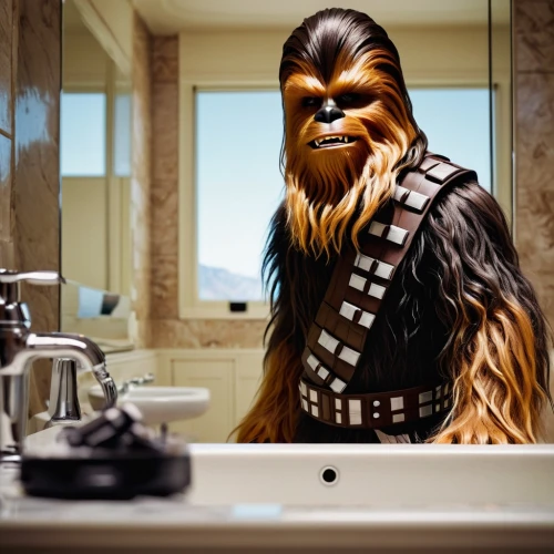 chewbacca,personal grooming,bathroom accessory,toothbrush holder,cleaning conditioner,the long-hair cutter,shave,wash hands,shaving,toilet brush,conditioner,soap dispenser,bathroom cabinet,bidet,wash your hands,liquid hand soap,mouthwash,hair drying,hair gel,tooth brushing,Illustration,American Style,American Style 09