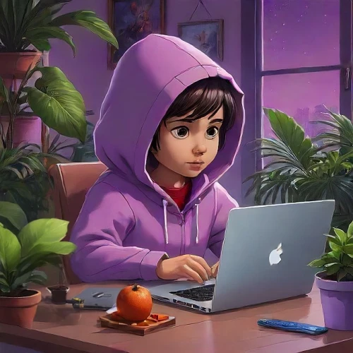 girl at the computer,girl studying,kids illustration,world digital painting,purple wallpaper,computer addiction,children's background,internet addiction,sci fiction illustration,cute cartoon image,computer freak,game illustration,illustrator,digital painting,apple macbook pro,purple background,hoodie,laptop,la violetta,macbook pro