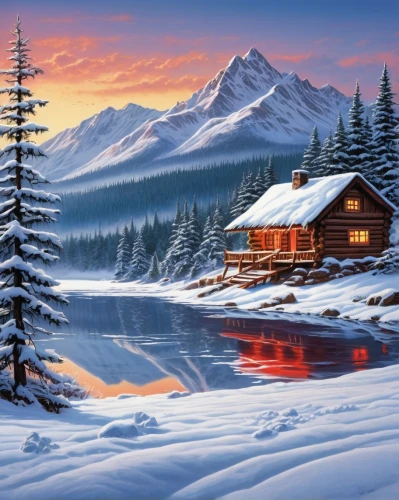 winter landscape,snow landscape,christmas landscape,snowy landscape,winter background,snow scene,winter house,winter lake,christmas snowy background,snowy mountains,the cabin in the mountains,mountain hut,mountain huts,landscape background,log cabin,snow house,house in mountains,home landscape,salt meadow landscape,mountain scene,Illustration,American Style,American Style 07