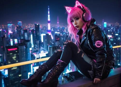 catwoman,pink cat,cyberpunk,cosplay image,black cat,birds of prey-night,hk,the pink panter,kat,punk,bat,huntress,streampunk,patrols,above the city,magenta,yukio,puma,cheshire,panther,Illustration,Retro,Retro 04