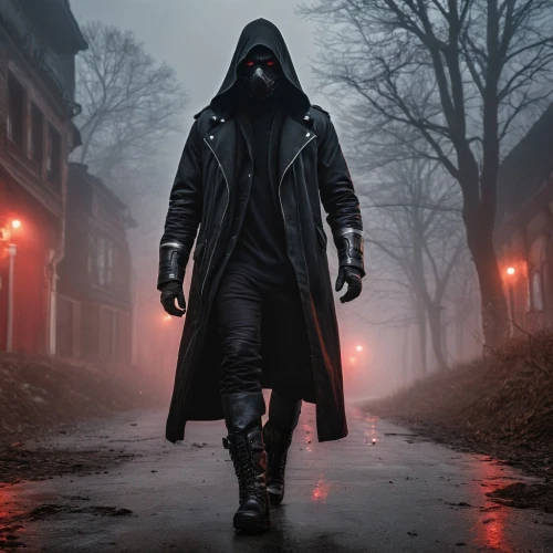 hooded man,assassin,black coat,grimm reaper,male mask killer,grim reaper,balaclava,trench coat,overcoat,dodge warlock,robber,the wanderer,scythe,assassins,masked man,hooded,red hood,black crow,cyberpunk,with the mask,Photography,General,Natural