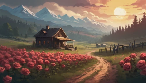 home landscape,lonely house,salt meadow landscape,fantasy landscape,landscape rose,landscape background,little house,world digital painting,red barn,summer cottage,farmstead,springtime background,house in mountains,blooming field,house in the mountains,poppy fields,field of flowers,field of poppies,cottage,rural landscape,Conceptual Art,Fantasy,Fantasy 02