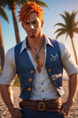 male character,ken,pirate,beach background,chest,tangelo,pirate treasure,rum,manly,malibu rum,sleeveless shirt,vest,saranka,game character,jean button,male elf,south seas,the beach fixing,kosmea,sea man,Conceptual Art,Oil color,Oil Color 11