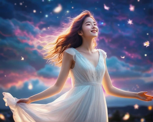 fantasy picture,mystical portrait of a girl,divine healing energy,world digital painting,gracefulness,yogananda,fairy galaxy,fantasy portrait,celestial,faerie,fairies aloft,light bearer,angel girl,holy spirit,fantasy art,rosa 'the fairy,inner light,falling star,magical,dandelion flying,Illustration,Japanese style,Japanese Style 09