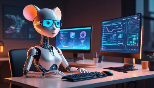 girl at the computer,blur office background,neon human resources,barebone computer,computer mouse,man with a computer,coder,night administrator,cyber,cybernetics,engineer,artificial intelligence,work from home,women in technology,chat bot,cyberpunk,cyber glasses,robotics,3d model,working animal,Unique,3D,3D Character