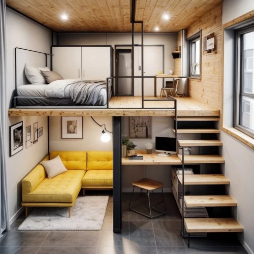 bunk bed,inverted cottage,loft,small cabin,sky apartment,shared apartment,cubic house,cabin,one-room,hallway space,walk-in closet,compact van,an apartment,mobile home,bed frame,scandinavian style,houseboat,futon pad,modern style,railway carriage