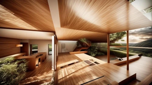 timber house,dunes house,folding roof,wooden roof,wooden house,cubic house,laminated wood,wooden beams,inverted cottage,roof landscape,wood window,mid century house,modern house,modern architecture,house in mountains,interior modern design,cube house,grass roof,bamboo curtain,plywood