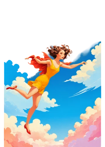 flying girl,little girl in wind,flying carpet,leap for joy,skydiver,leap,sprint woman,female runner,leaping,sky,weightless,flying seed,girl in a long,little girl running,sci fiction illustration,summer clip art,game illustration,fall from the clouds,cloud image,parachutist,Illustration,Paper based,Paper Based 23