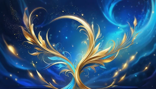 golden leaf,flame spirit,water-the sword lily,elven flower,star winds,blue petals,flora abstract scrolls,fire background,torch lily,blue enchantress,spark,gold foil tree of life,fantasia,flourishing tree,golden crown,constellation swan,blue star,leaf background,motifs of blue stars,bird of paradise,Illustration,Realistic Fantasy,Realistic Fantasy 01