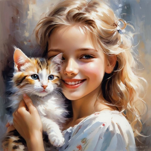 romantic portrait,tenderness,child portrait,oil painting,little boy and girl,girl portrait,cat lovers,vintage boy and girl,cute cat,oil painting on canvas,little girls,kitten,kittens,art painting,two cats,siberian cat,little girl and mother,young cat,little cat,little girl,Conceptual Art,Oil color,Oil Color 03