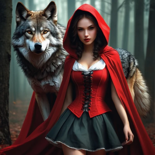 red riding hood,little red riding hood,red coat,red wolf,fantasy picture,red cape,red tunic,fairy tale character,howling wolf,wolf couple,fairy tales,fantasy art,fairy tale,two wolves,gothic portrait,fairytale characters,wolf,european wolf,gothic woman,wolf hunting,Conceptual Art,Fantasy,Fantasy 11