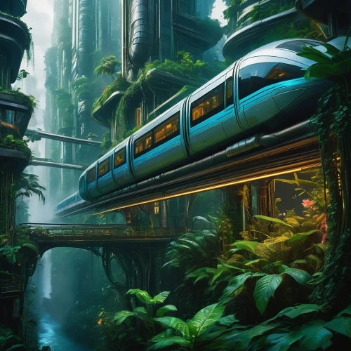 futuristic landscape,green train,maglev,sky train,subway system,elevated railway,electric train,the transportation system,tube plants,train route,trains,rain forest,skytrain,tropical jungle,plant tunnel,tunnel of plants,subway,queensland rail,transportation system,train way,Conceptual Art,Oil color,Oil Color 05