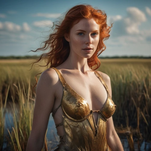 fantasy woman,redheads,rusalka,siren,merfolk,golden light,redhead,sorceress,girl on the river,nami,tilda,mary-gold,redheaded,fantasy portrait,breastplate,the enchantress,the blonde in the river,bodypaint,eufiliya,aquaman,Photography,General,Cinematic