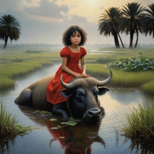 water buffalo,girl elephant,african buffalo,girl with a dolphin,polynesian girl,kerala,little girl in wind,girl on the river,africa,mystical portrait of a girl,buffalo herder,world digital painting,fetching water,elephant kid,girl with tree,elephant's child,oil painting on canvas,nomadic children,buffaloes,afro-american