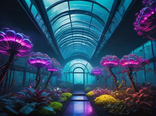 flower dome,aquarium,aquariums,tunnel of plants,winter garden,greenhouse,underwater oasis,aquarium decor,aquarium lighting,plant tunnel,coral reef,conservatory,mushroom landscape,vapor,underwater background,tropical bloom,wonderland,3d fantasy,fairy world,terrarium,Conceptual Art,Fantasy,Fantasy 12