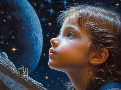 astronomer,children's background,astronomy,child portrait,mystical portrait of a girl,dream world,oil painting on canvas,star chart,celestial bodies,the moon and the stars,celestial body,moonbeam,universe,constellation,fantasy picture,astronomers,space art,imagination,starry sky,fantasy art,Illustration,Realistic Fantasy,Realistic Fantasy 03