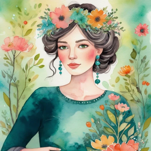 jane austen,girl in flowers,flora,vintage flowers,flower painting,girl in a wreath,vintage floral,watercolor women accessory,rose flower illustration,marguerite,flower and bird illustration,floral background,victorian lady,spring crown,holding flowers,boho art,vintage woman,blooming wreath,watercolor floral background,flower girl