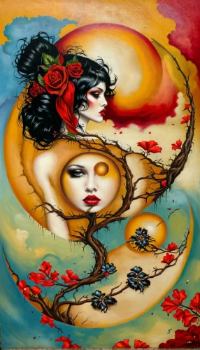 secret garden of venus,sun and moon,boho art,fantasy art,oil painting on canvas,art painting,capricorn mother and child,sun roses,mother earth,oriental painting,way of the roses,psychedelic art,the zodiac sign pisces,indigenous painting,khokhloma painting,indian art,red-yellow rose,zodiac sign gemini,amorous,garden of eden,Illustration,Realistic Fantasy,Realistic Fantasy 10