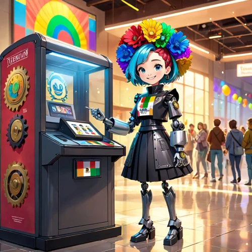 coin drop machine,cashier,automated teller machine,arcade game,dia de los muertos,cash register,tutti frutti,salesgirl,arcade,harajuku,gumball machine,kids cash register,ice cream stand,jukebox,vending machine,arcade games,cosmetics counter,el dia de los muertos,toy cash register,pubg mascot,Anime,Anime,Cartoon