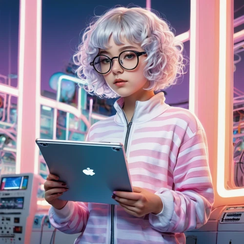 girl at the computer,holding ipad,laptop,cyber glasses,women in technology,computer freak,ipad,fuki,girl studying,computer,lenovo,cyberpunk,apple macbook pro,apple desk,macbook pro,computer addiction,apple ipad,macbook,computer art,harajuku,Conceptual Art,Sci-Fi,Sci-Fi 21