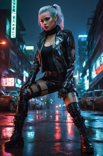 cyberpunk,punk,femme fatale,birds of prey-night,renegade,hk,grunge,streampunk,katana,futuristic,fierce,black leather,dystopian,cyber,urban,hong kong,neon lights,jacket,punk design,hong,Illustration,Japanese style,Japanese Style 17