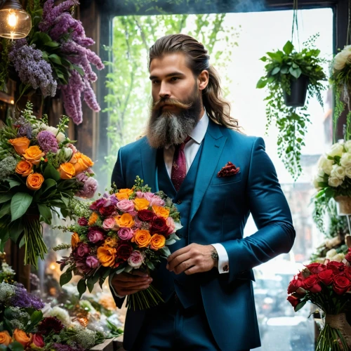 beard flower,groom,the groom,florist gayfeather,bridegroom,wedding suit,florist,with a bouquet of flowers,flower arranging,flowered tie,flower booth,floristry,holding flowers,grooms,boutonniere,men's suit,groom bride,floral arrangement,flower shop,floral greeting,Photography,General,Fantasy