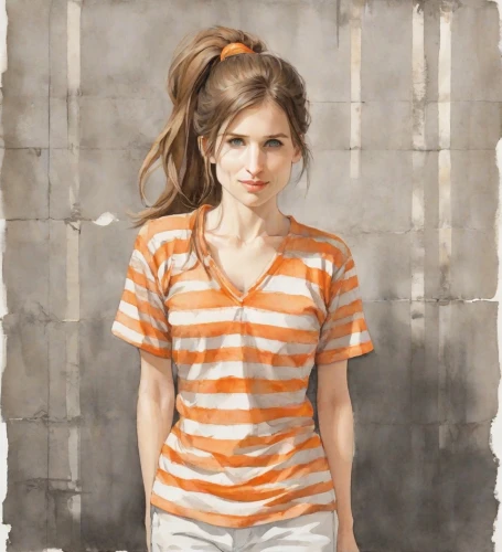 striped background,girl in t-shirt,horizontal stripes,stripes,portrait background,denim background,jeans background,clementine,crayon background,polo shirt,young woman,clove,antique background,photo session in torn clothes,colored pencil background,orange color,cotton top,striped,concrete background,photo painting,Digital Art,Watercolor