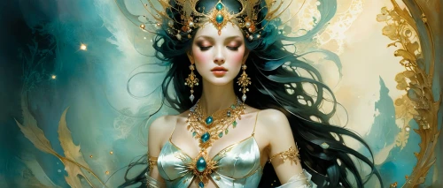 priestess,the enchantress,fantasy art,sorceress,dryad,blue enchantress,fantasy portrait,merfolk,amano,faerie,fantasy woman,fairy queen,gold foil mermaid,elven,the snow queen,faery,queen of the night,cleopatra,oriental princess,celtic queen,Illustration,Realistic Fantasy,Realistic Fantasy 16