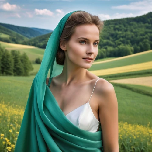 celtic woman,girl in cloth,girl in a long dress,girl with cloth,lilly of the valley,ukrainian,green dress,sound of music,natural cosmetic,drape,country dress,lilies of the valley,romantic look,bonnet,in green,marguerite,beauty in nature,cotton cloth,bornholmer margeriten,jessamine,Photography,General,Realistic
