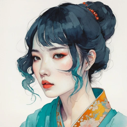 oriental girl,geisha girl,geisha,japanese woman,mulan,oriental princess,hanbok,oriental,mukimono,girl portrait,asian woman,junshan yinzhen,kimono,watercolor blue,fantasy portrait,japanese art,chinese art,rou jia mo,hong,teal blue asia,Illustration,Paper based,Paper Based 19