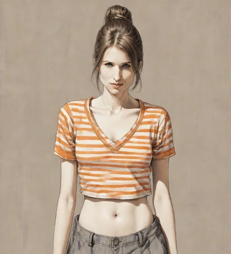girl-in-pop-art,clementine,young woman,lori,girl in t-shirt,croft,portrait of a girl,girl in a long,waitress,chalk drawing,art model,cotton top,girl with cloth,horizontal stripes,photo painting,female model,girl portrait,portrait background,diet icon,jeans background,Digital Art,Ink Drawing