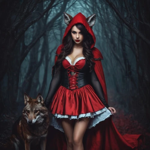 red riding hood,little red riding hood,queen of hearts,scarlet witch,red coat,fairy tale character,gothic woman,red wolf,red tunic,fairy tales,gothic portrait,fairytale characters,lady in red,red cape,fairy tale,fantasy picture,vampire woman,the enchantress,sorceress,man in red dress,Conceptual Art,Fantasy,Fantasy 34