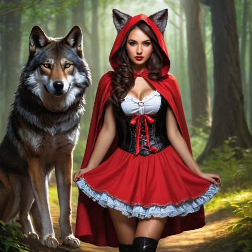 red riding hood,little red riding hood,red wolf,red coat,fantasy picture,howling wolf,queen of hearts,fantasy art,red tunic,wolves,wolf couple,two wolves,carpathian shepherd dog,red skirt,european wolf,fairy tale character,gothic portrait,wolf,werewolves,werewolf,Conceptual Art,Fantasy,Fantasy 16
