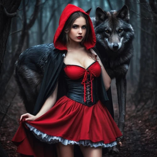 red riding hood,little red riding hood,red coat,gothic woman,red wolf,gothic portrait,gothic fashion,dark gothic mood,queen of hearts,red cape,fairy tale character,vampire woman,red tunic,fairy tales,gothic,howling wolf,fairy tale,gothic style,gothic dress,wolf couple,Conceptual Art,Fantasy,Fantasy 34