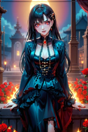 seerose,queen of hearts,black rose,vampire lady,gothic dress,gothic woman,halloween background,crow queen,blue rose,fire background,flower background,masquerade,romantic rose,gothic portrait,valentine background,rosa,erika,red rose,vampire woman,gothic style,Anime,Anime,Realistic