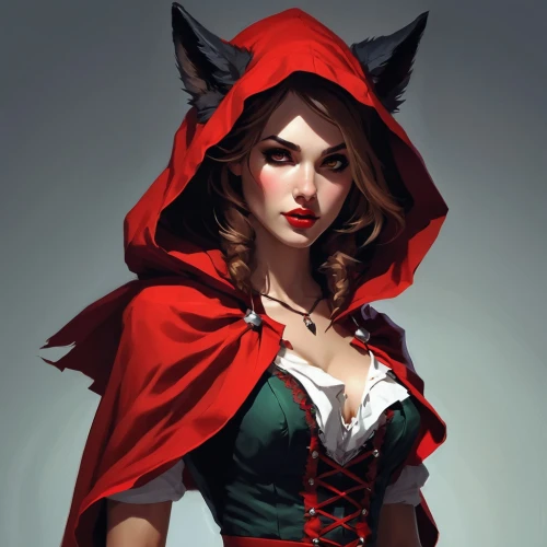 red riding hood,little red riding hood,red coat,scarlet witch,queen of hearts,vampire lady,vampire woman,red cape,huntress,jester,lady in red,red tunic,red bow,devil,dodge warlock,redfox,fairy tale character,sorceress,red wolf,cheshire,Conceptual Art,Fantasy,Fantasy 06
