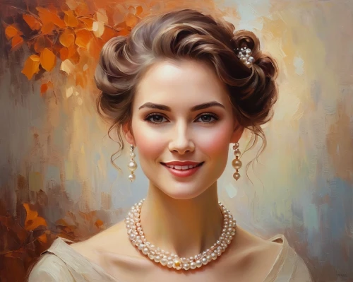 romantic portrait,pearl necklace,love pearls,oil painting,oil painting on canvas,a charming woman,victorian lady,pearl necklaces,art painting,woman portrait,pearls,young woman,white lady,portrait background,bridal jewelry,woman face,portrait of a girl,woman's face,autumn icon,fantasy portrait,Illustration,Abstract Fantasy,Abstract Fantasy 01