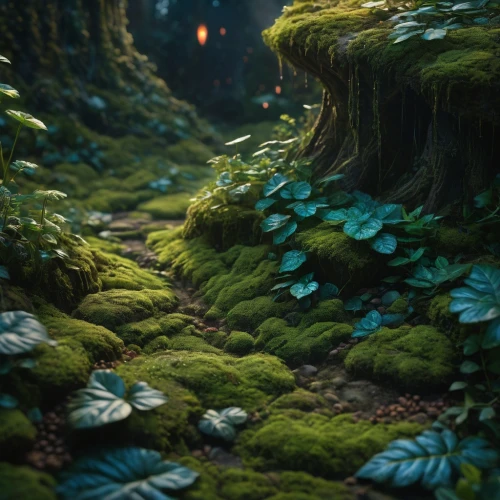 elven forest,fairy forest,forest floor,forest moss,mushroom landscape,enchanted forest,forest glade,fairytale forest,green forest,the forest,moss,forest of dreams,forest,undergrowth,druid grove,fairy world,swampy landscape,fantasy landscape,fairy village,forest path,Photography,General,Fantasy