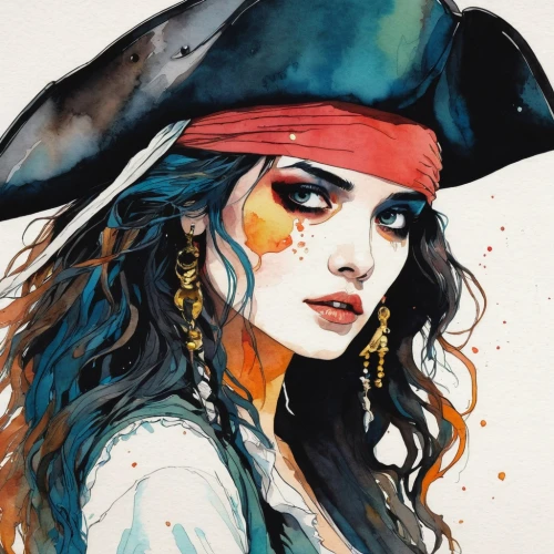 pirate,pirates,watercolor,watercolor painting,watercolor paint,black pearl,pirate treasure,watercolors,watercolor women accessory,witch,musketeer,the sea maid,watercolor sketch,fantasy portrait,halloween witch,poison,pirate flag,jolly roger,boho art,rosella,Illustration,Paper based,Paper Based 19