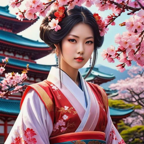 hanbok,geisha,oriental princess,geisha girl,japanese woman,plum blossoms,oriental girl,mulan,japanese sakura background,korean culture,sakura blossom,japanese cherry,asian woman,plum blossom,mukimono,kimono,sakura,cherry blossom japanese,japanese cherry blossom,korean,Conceptual Art,Sci-Fi,Sci-Fi 19