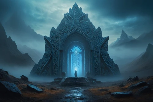 hall of the fallen,portal,ice castle,sepulchre,fantasy picture,mausoleum ruins,fantasy landscape,necropolis,castle of the corvin,heaven gate,end-of-admoria,monolith,threshold,haunted cathedral,the throne,the threshold of the house,place of pilgrimage,northrend,stargate,mortuary temple,Illustration,Realistic Fantasy,Realistic Fantasy 40