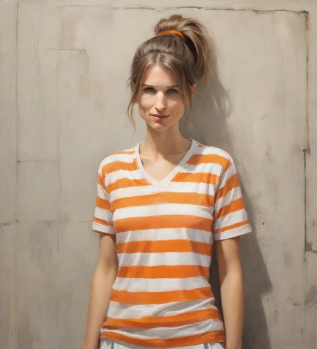 horizontal stripes,girl in t-shirt,striped background,portrait of a girl,stripes,girl with cloth,girl in cloth,girl in a long,young woman,striped,girl portrait,a girl in a dress,girl with bread-and-butter,orange,photo session in torn clothes,italian painter,artist portrait,portrait background,the girl in nightie,girl in a long dress,Digital Art,Impressionism