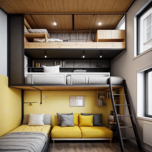 loft,sky apartment,inverted cottage,an apartment,shared apartment,bunk bed,apartment,cubic house,modern room,penthouse apartment,capsule hotel,sleeping room,dormitory,attic,room divider,canopy bed,apartment house,3d rendering,interior design,shipping container